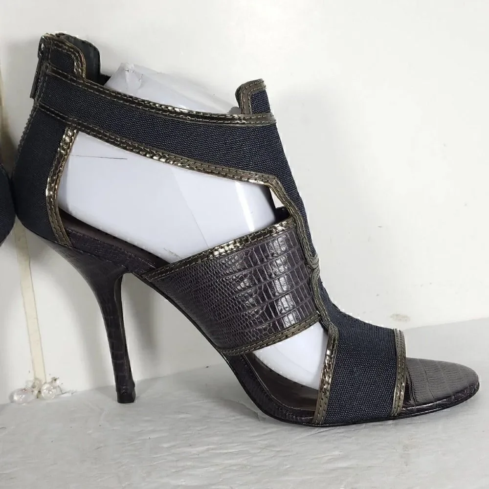 Tory Burch Women's US 10M Blue Canvas Leather Animal Print Cut-Out Heeled Sandal